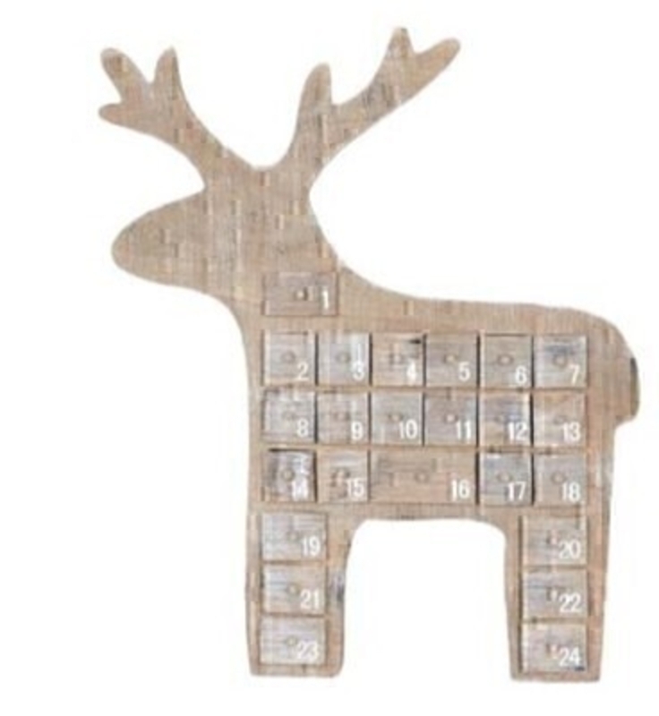 Countdown to Christmas with this natural wooden Reindeer Advent Calendar by Gisela Graham.  Includes 24 doors to insert your own sweets/treats to countdown the days until Christmas (sweets / treats not included). This fesive Christmas Reindeer will delight for years to come and will bring Christmas cheer to children in the run up to Christmas. Remember Booker Flowers and Gifts for Gisela Graham Christmas Decorations.